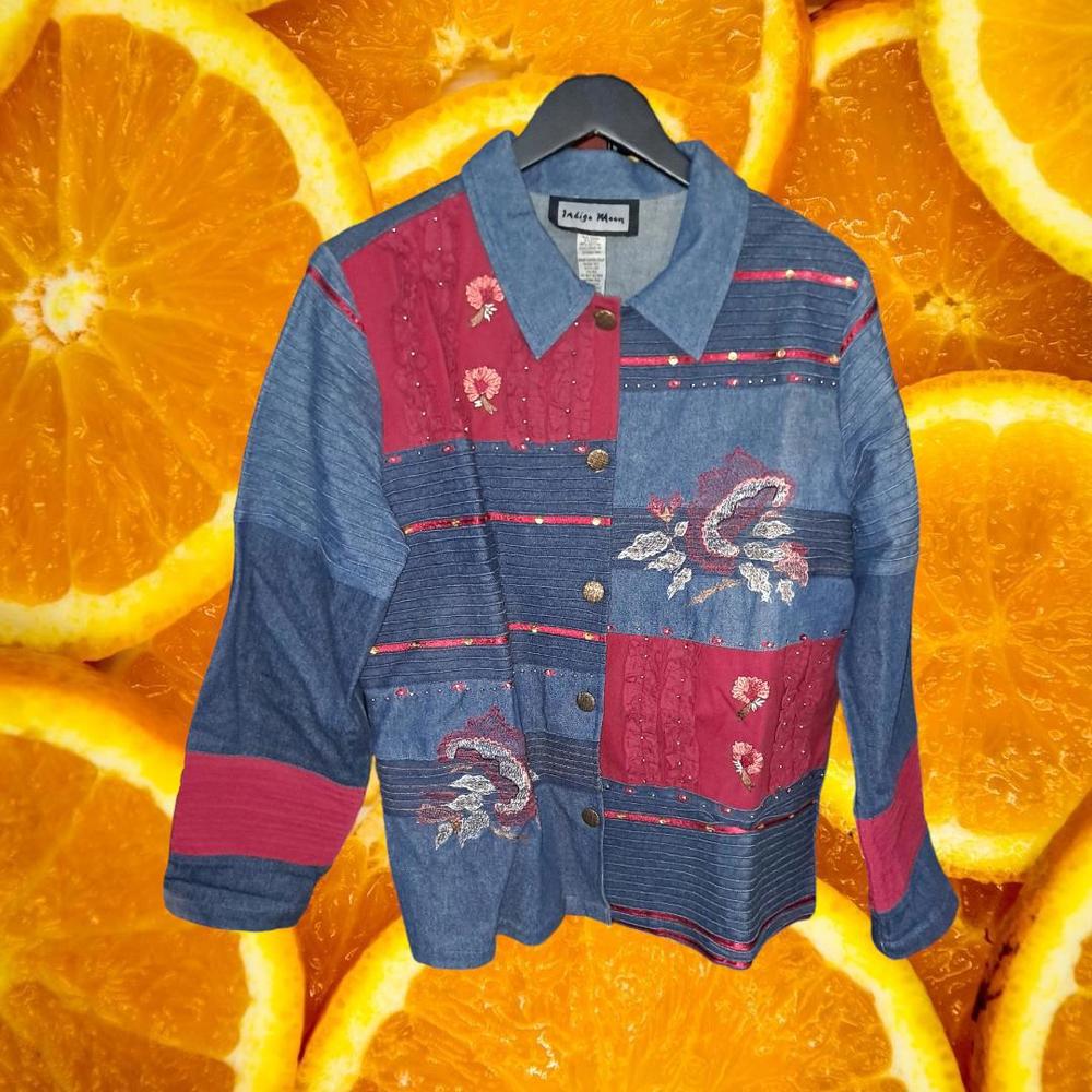 Indigo Moon Bleu And Red Patchwork Button Up 100%… - image 3